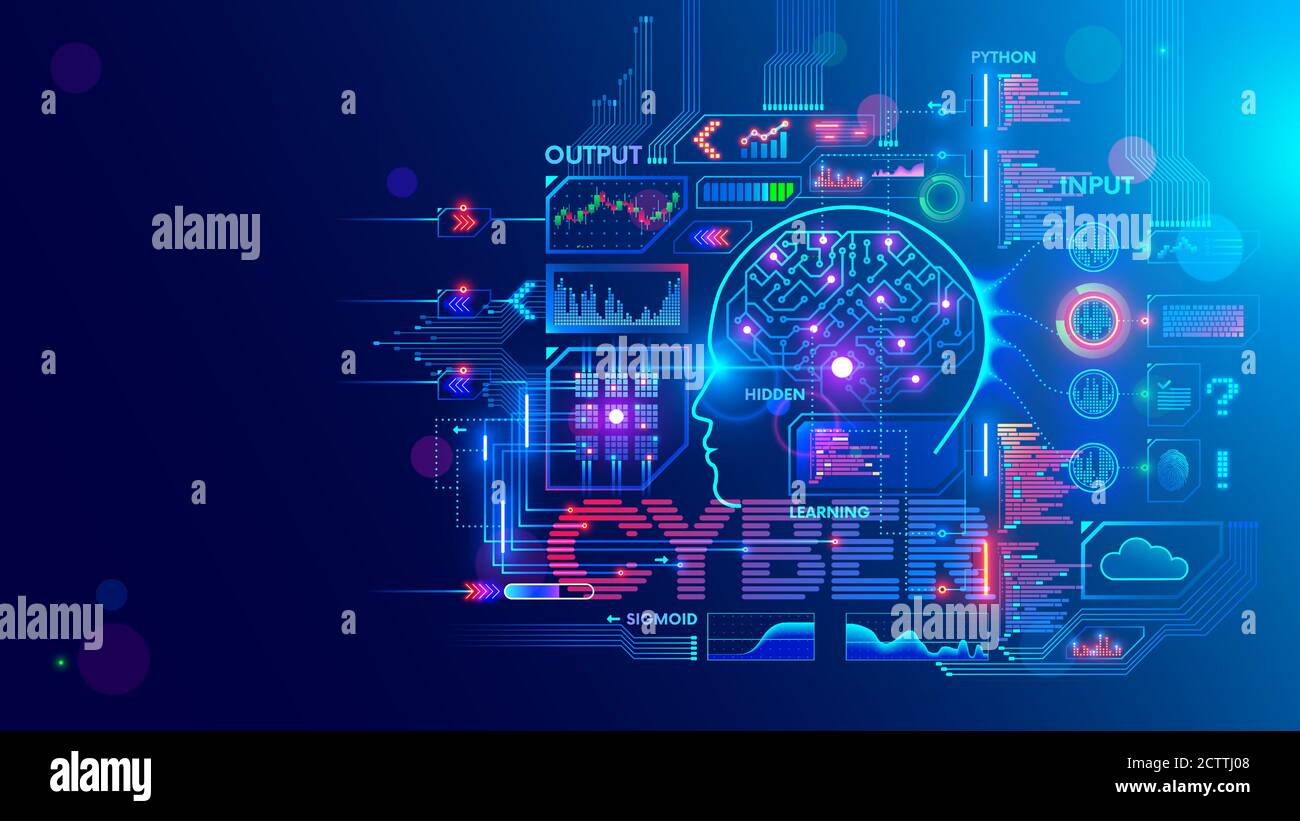 Computer neuronales Netz oder KI auf Programmiersprache Python. Abstrakte Schnittstellenelemente der künstlichen Intelligenz. Tiefes maschinelles Lernen. Big Data Stock Vektor