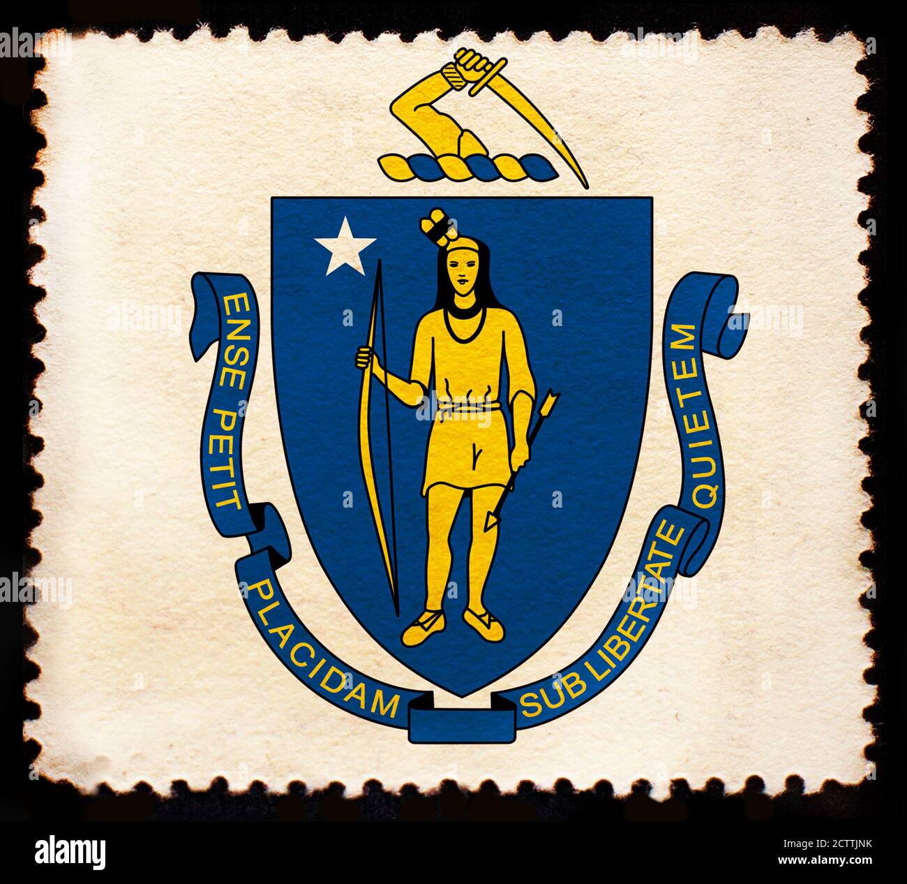 Massachusetts setzt US-Staatsflagge auf der alten Grunge-Briefmarke Isoliert auf schwarzem Hintergrund Stockfoto