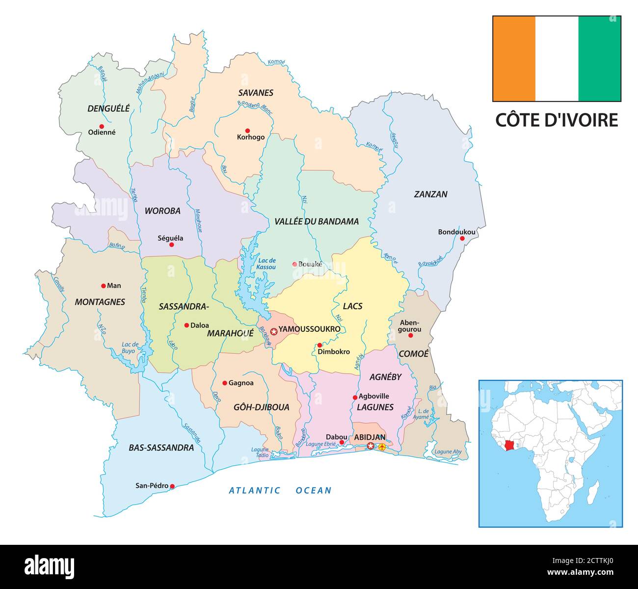 Neue administrative Vektorkarte der Afrikanischen Republik Elfenbeinküste Mit Flagge Stock Vektor