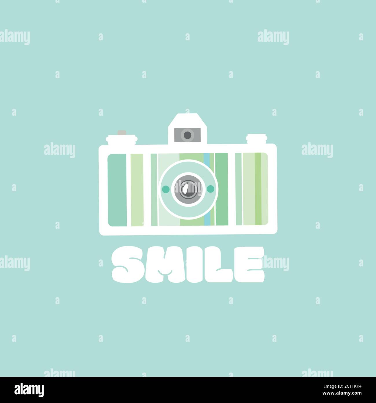 Schöne flache Lomo kreative Kamera von grünen und gelben Farben mit Wort Lächeln. Isoliert auf türkisfarbenem Hintergrund. Retro-Vektorgrafik. Sommerwerbung Stock Vektor Schöne flache Lomo kreative Kamera von grünen und gelben Farben mit Wort Lächeln. Isoliert auf türkisfarbenem Hintergrund. Retro-Vektorgrafik. Sommerwerbung Stock Vektor