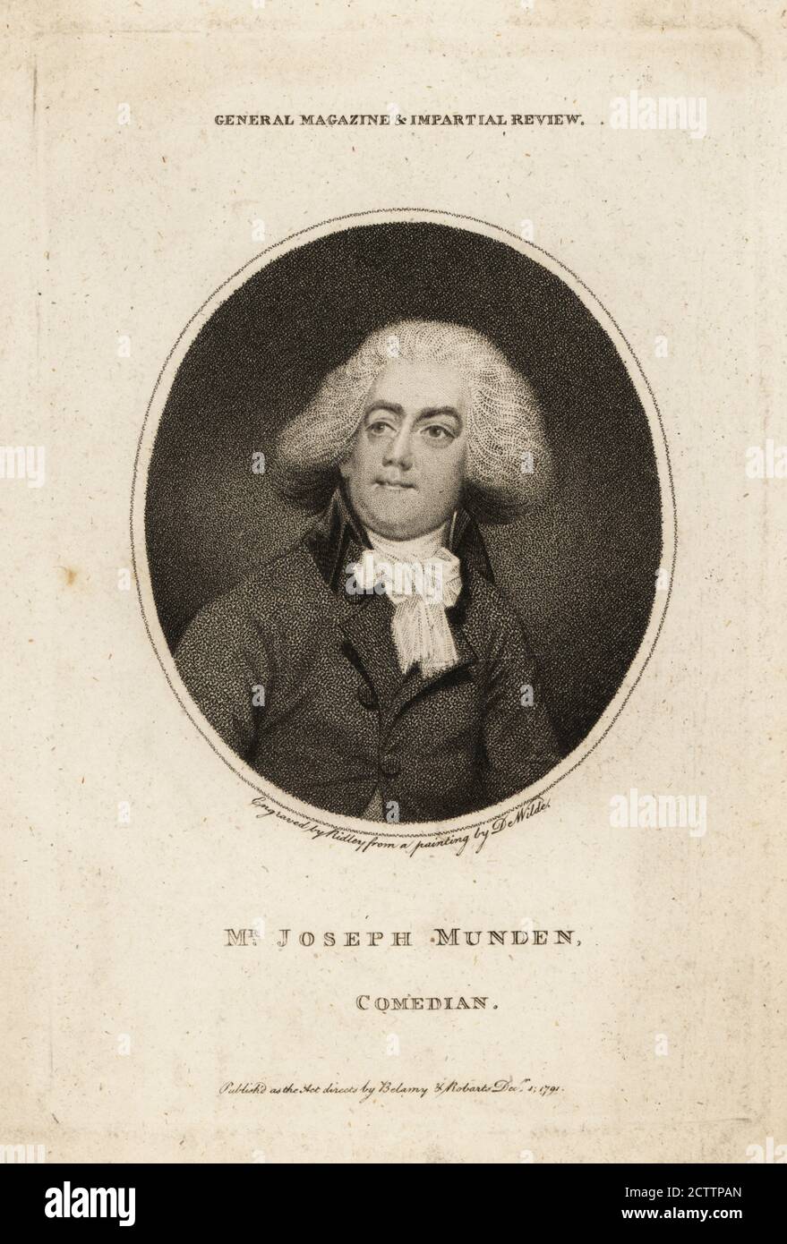 Joseph Shepherd Munde (1758-1832), englischer Komiker, Schauspieler und Manager, der in Drury Lane und Covent Garden auftrat. In Perücke, Mantel und weißem Cravat. Ovales Kupferstich-Porträt nach einem Gemälde von Samuel De Wilde, gestochen von William Ridley, aus dem General Magazine und der unparteiischen Rezension, Belamy und Roberts, London, 1791. Stockfoto