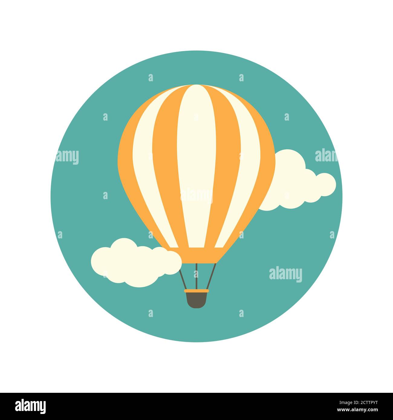 Orange Heißluftballon fliegen in den türkisfarbenen Himmel mit Wolken. Flache cartoon Design. Vector Hintergrund. Stock Vektor