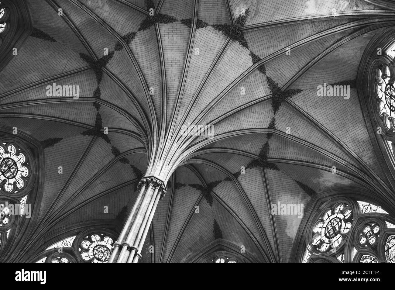 SALISBURY, Großbritannien - 25. AUGUST 2017: Wunderschöne Deckenventilator und Buntglasfenster in der Salisbury Cathedral in England. Schwarzweiß-Foto. Stockfoto