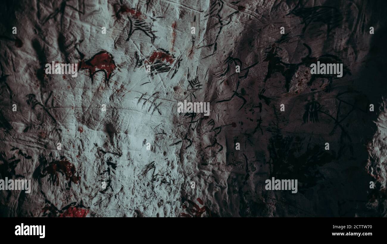 Primitive prähistorische Neandertalerzeichnungen von Tieren und Abstracts. Lagerfeuer beleuchtet Wände in der Nacht. Erste Höhle Kunst aus Petroglyphen, Rock Stockfoto