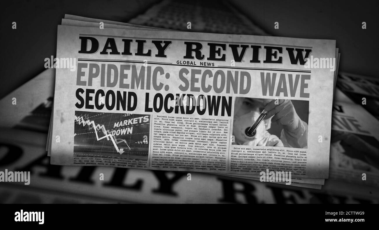 Covid 19 Epidemie zweite Welle, Sperrung, Virus-Pandemie und globale Krise Nachrichten. Täglicher Zeitungsdruck. Vintage Papier Medien Presse Produktion Abstract c Stockfoto