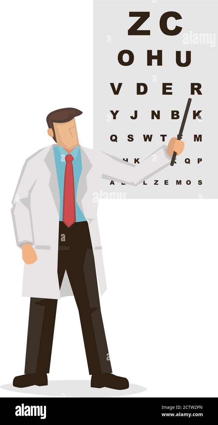 Männliche Augenheilkunde Arzt in Uniform zeigt auf ein Auge-Test-Chart. Medizin, Optiker oder Gesundheitskonzept. Vektor flach Stil Cartoon illustratio Stock Vektor