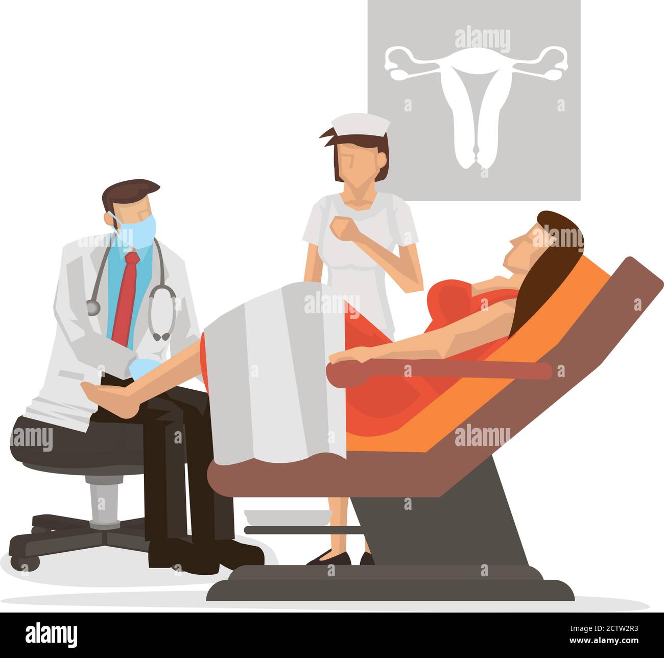 Gynäkologe untersucht den Patienten, der in einem gynäkologischen Untersuchungsstuhl sitzt. Konzept der Schwangerschaft, Frau, Gynäkologie oder Frau Gesundheitsversorgung. Vektorillus Stock Vektor