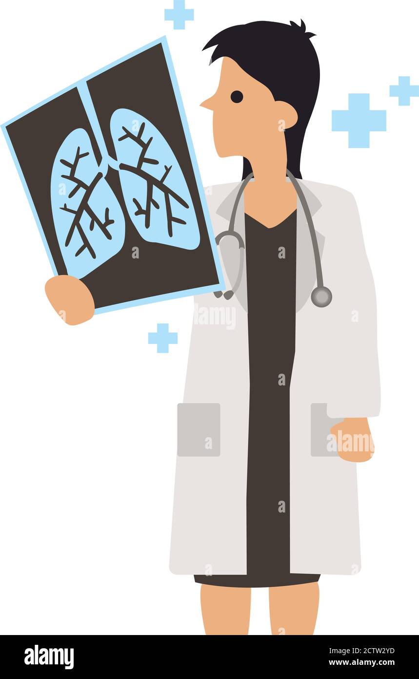 Ärztin untersucht eine Röntgenaufnahme der Lunge. Flache Cartoon Charakter Vektor Illustration isoliert auf weißem Hintergrund. Stock Vektor