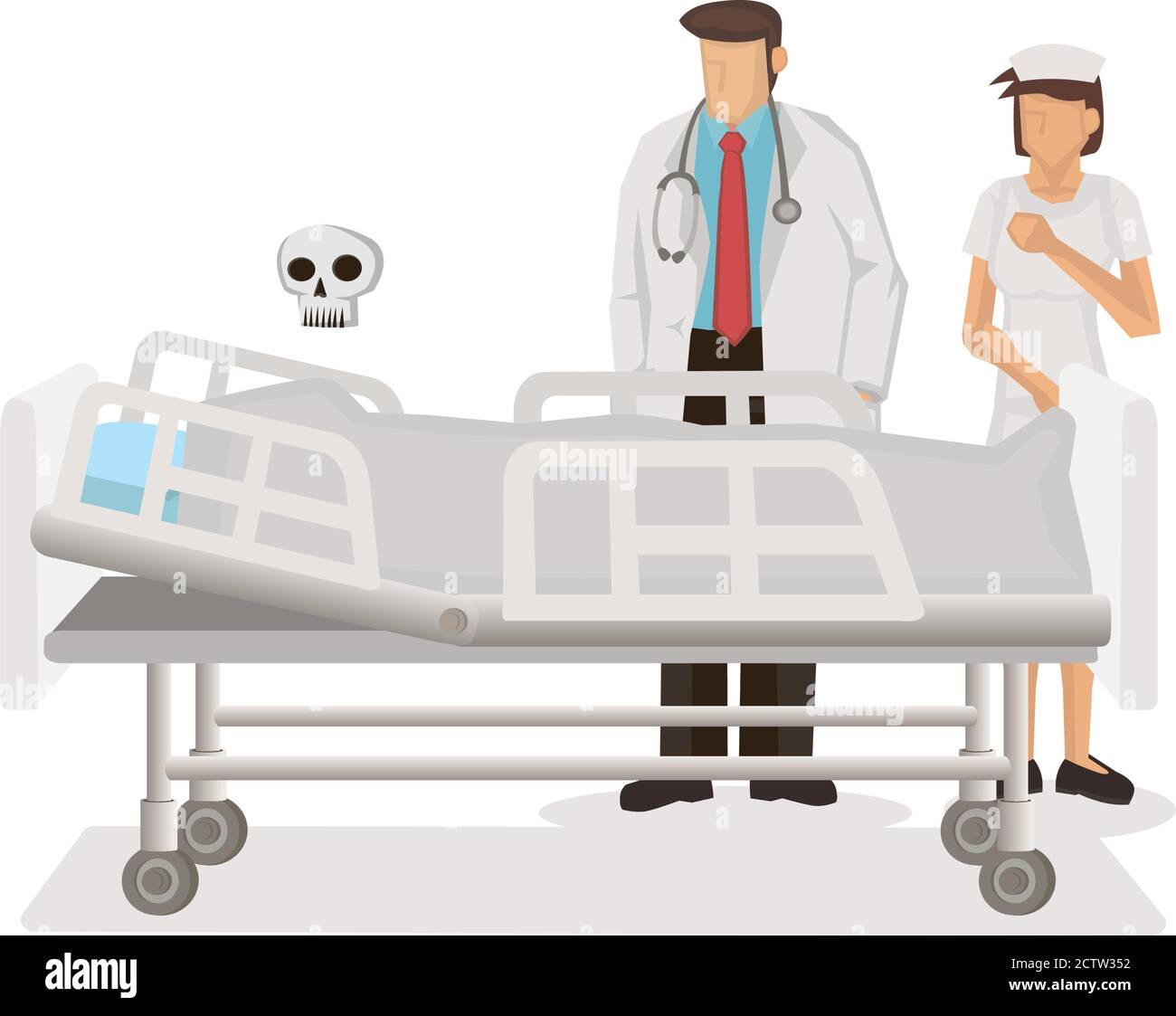 Arzt und Krankenschwester traurig, dass der Patient im Hosiptal gestorben ist. Flache Vektorgrafik isoliert auf weißem Hintergrund. Stock Vektor