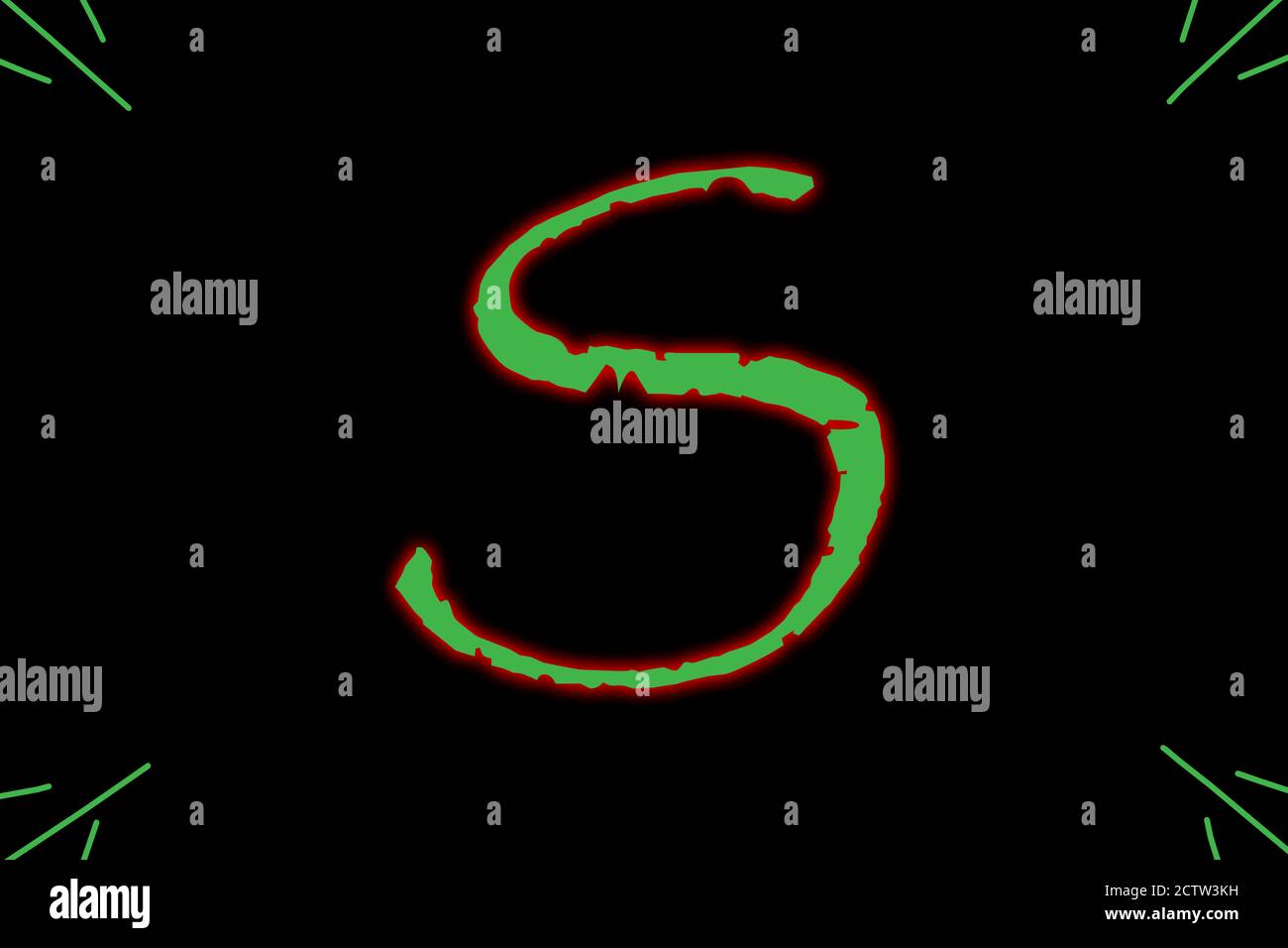 Buchstabe S mit wilder Schrift in grün mit rotem äußeren Schein eingegeben. Stockfoto