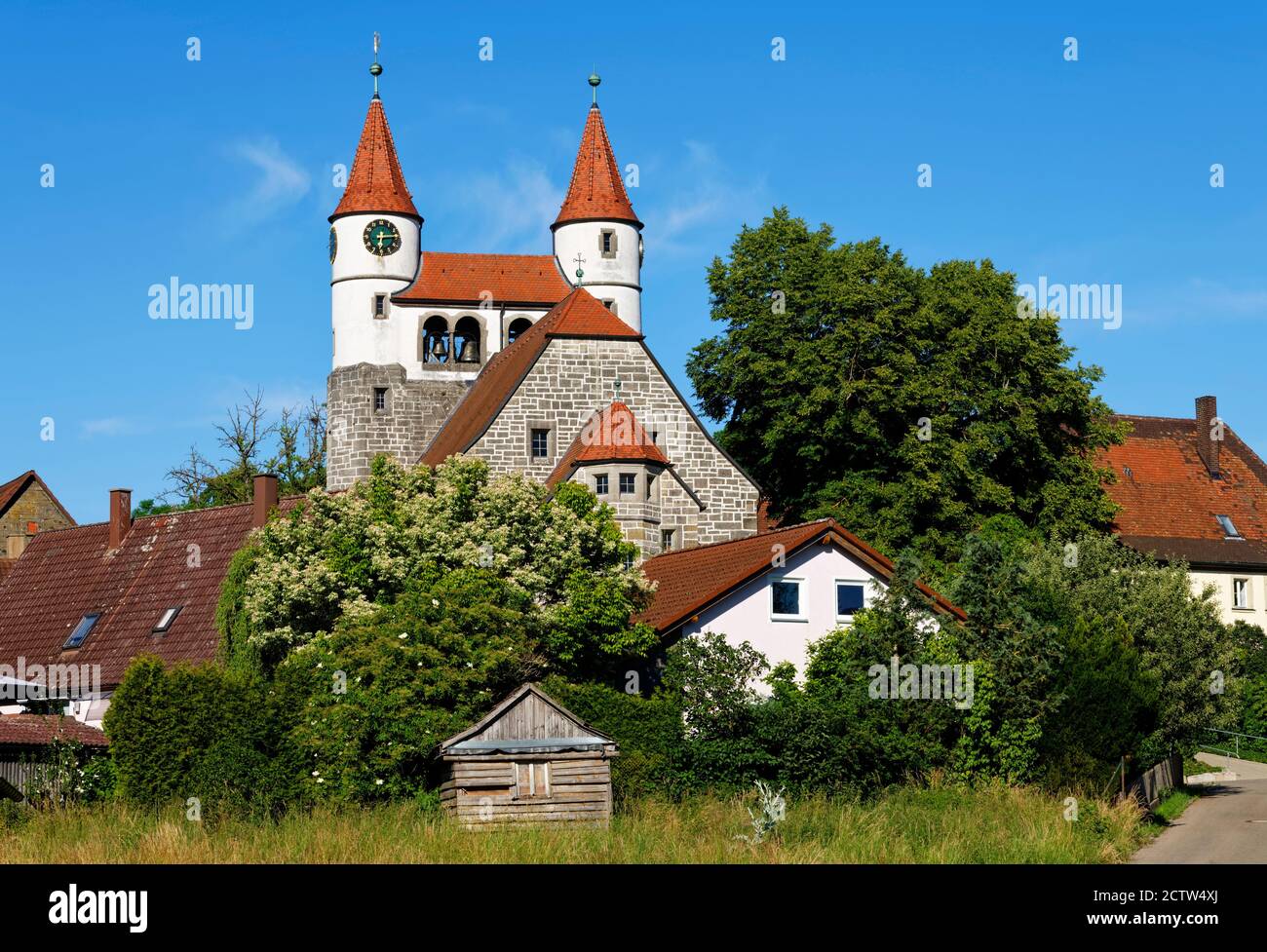 Evangelische Jugendstilkirche in Gaggstatt (Teil Kirchberg an der Jagst), Hohenlohe, Landkreis Schwäbisch Hall, Baden-Württemberg, Deutschland Stockfoto