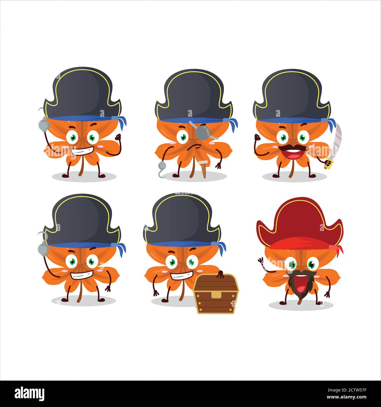 Cartoon-Charakter der orange getrockneten Blätter mit verschiedenen Piraten Emoticons Stock Vektor