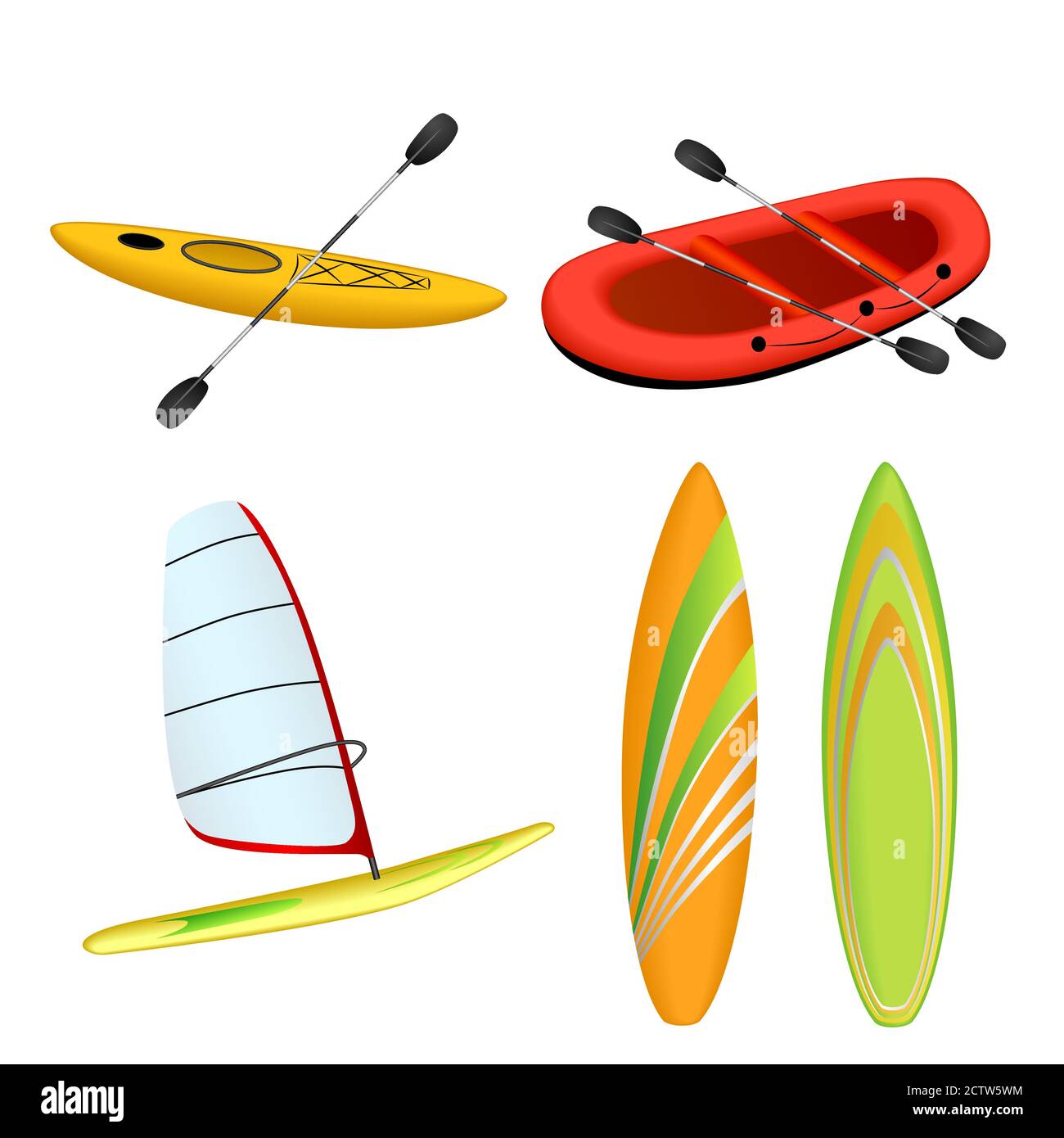 Sportboot rot Rafting gelb Kajak orange grün Surfbrett Windsurfen Isolierter Illustrationsvektor Stock Vektor