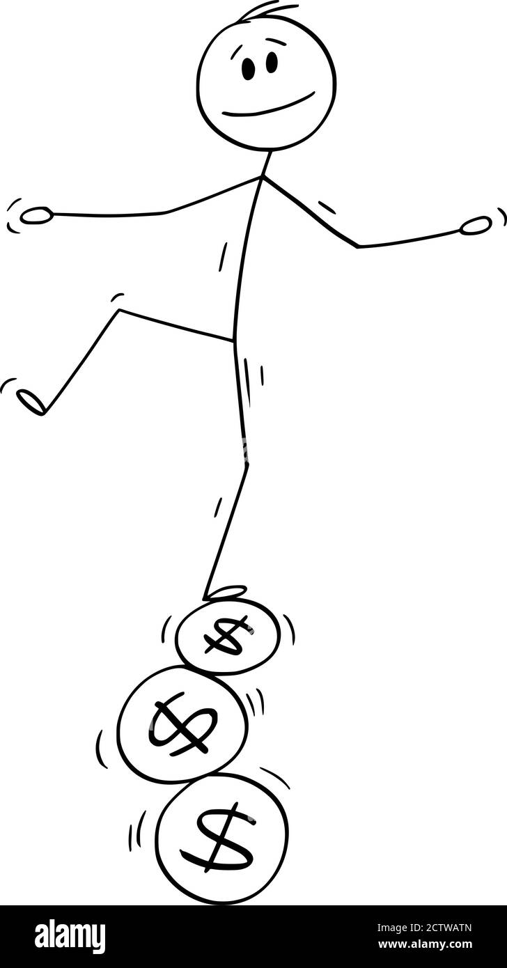 Vektor Cartoon Stick Figur Zeichnung konzeptionelle Illustration von Mann oder Geschäftsmann balancieren auf drei Dollar-Zeichen oder Symbol Münzen, Finanzbudget Konzept, Ausgaben, Gewinn und Einkommen. Stock Vektor