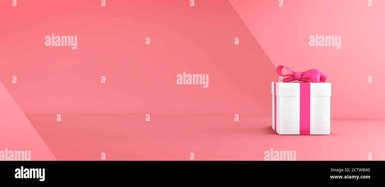 Geschenkbox mit Band auf rosa Hintergrund. Dekoratives Paket für weihnachten oder Geburtstagsgeschenk. Kopieren Sie die Raumvorlage. 3d-Rendering. Stockfoto