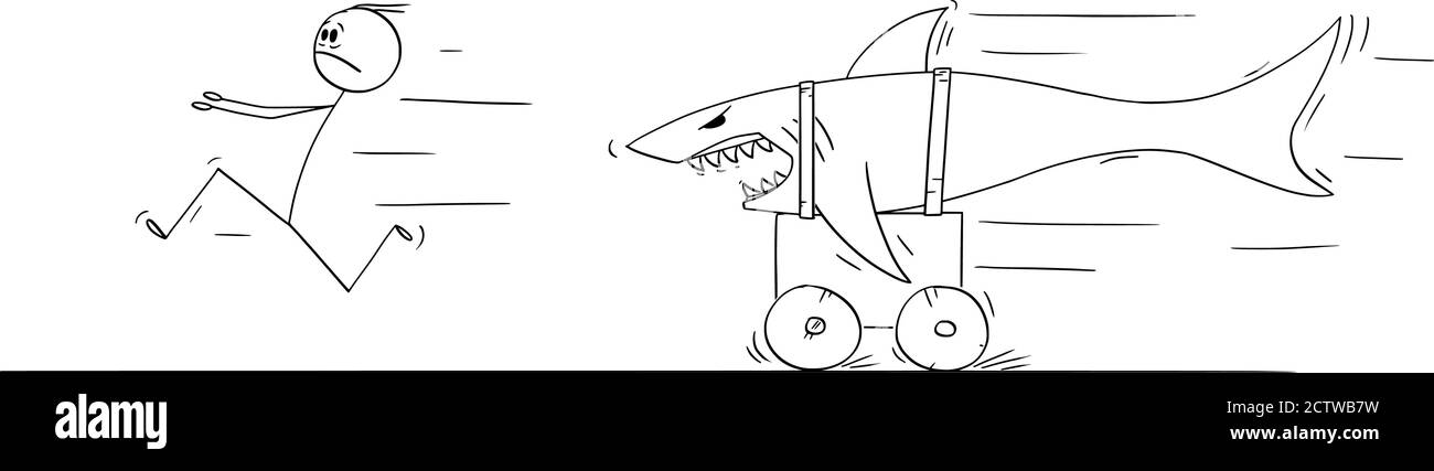 Vektor Cartoon Stick Figur Zeichnung konzeptionelle Illustration des Menschen läuft in Angst oder Panik aus gefährlichen Hai Reiten auf dem Land auf dem Wagen. Stock Vektor