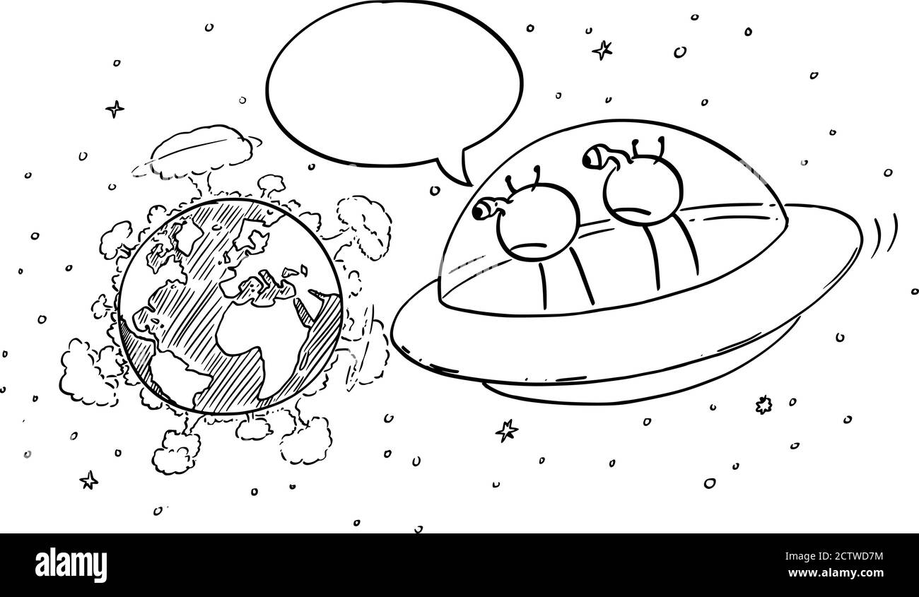 Vektor Cartoon Stick Figur Zeichnung konzeptionelle Illustration von zwei lustigen Aliens in UFO oder fliegende Untertasse beobachten Planeten Erde aus dem Weltraum, nuklearen Krieg Explosion auf der Oberfläche, Zerstörung der Menschheit und kommentiert es. Comic-Streifen. Stock Vektor