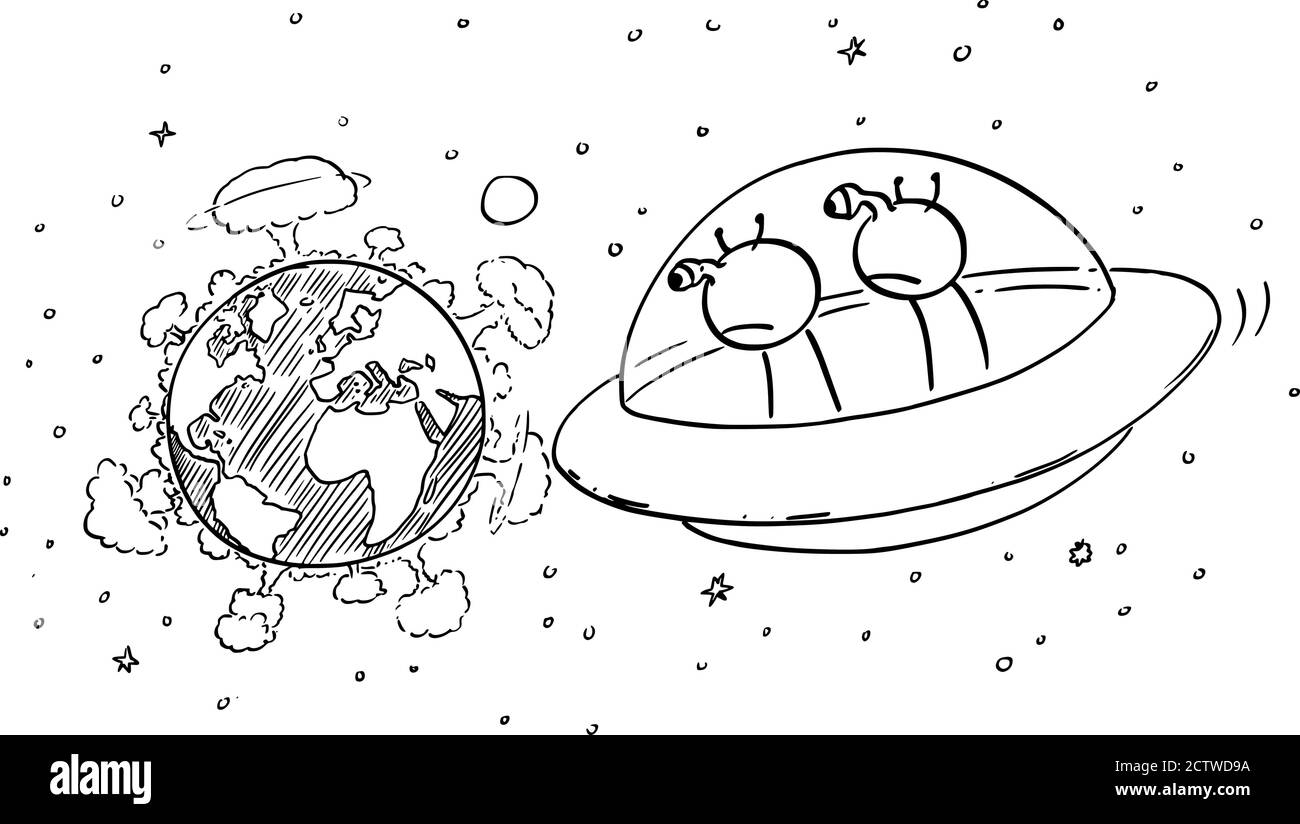 Vektor Cartoon Stick Figur Zeichnung konzeptionelle Illustration von zwei lustigen Aliens in UFO oder fliegende Untertasse beobachten Planeten Erde aus dem Weltraum, nuklearen Krieg Explosion an der Oberfläche, Zerstörung der Menschheit. Stock Vektor