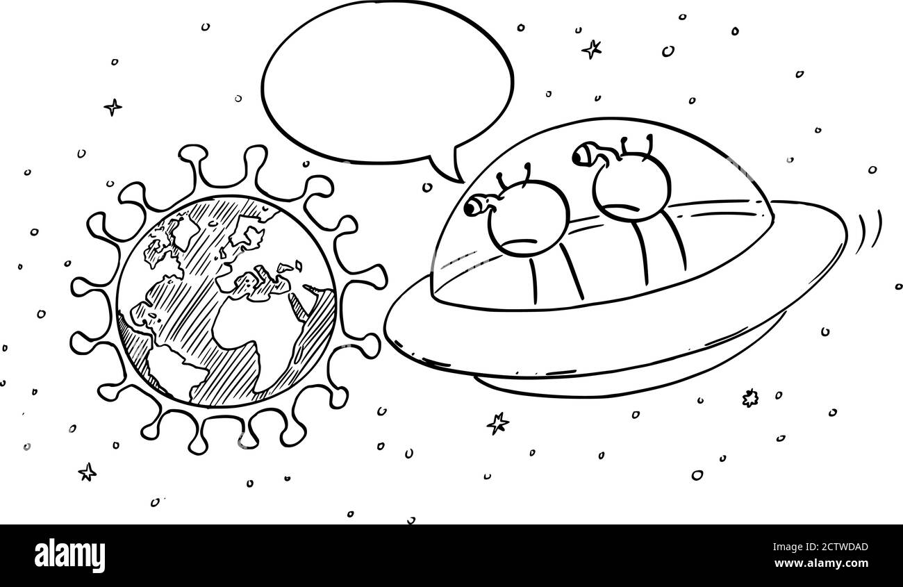 Vektor Cartoon Stick Figur Zeichnung konzeptionelle Illustration von zwei lustigen Aliens in UFO oder fliegende Untertasse beobachten Planeten Erde aus dem Weltraum. Zur Coronavirus-Pandemie covid-191. Comic-Streifen. Stock Vektor