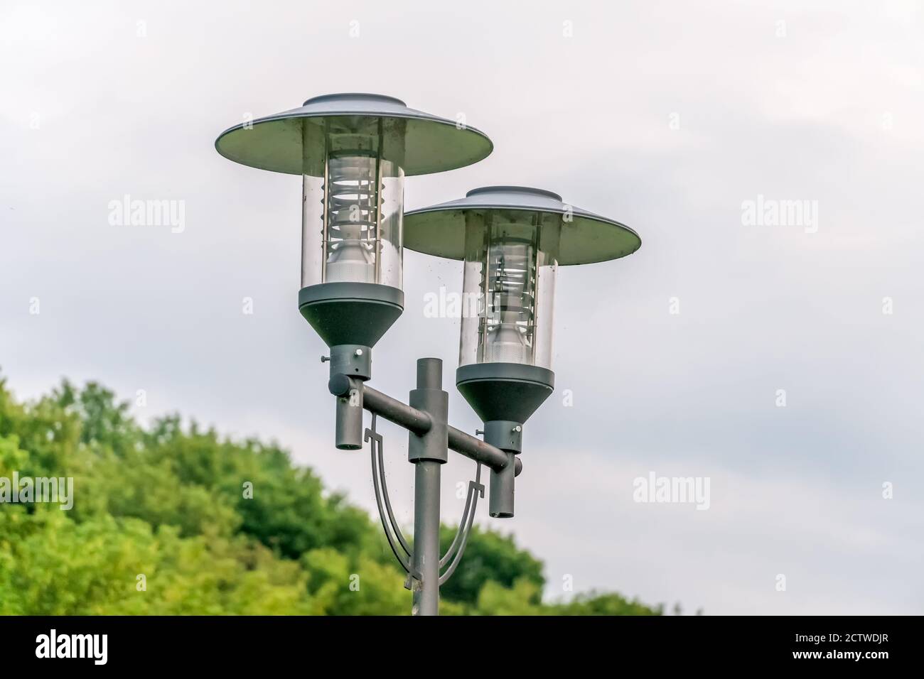 Moderne Straßenlampe vor dem Hintergrund von grauen Himmel und Bäumen. Stockfoto