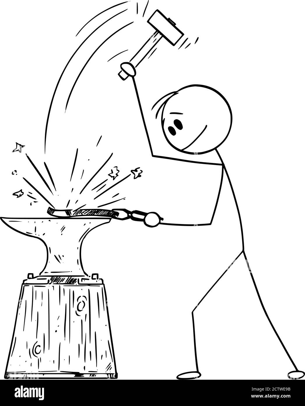 Vektor Cartoon Stick Figur Zeichnung konzeptionelle Illustration von Schmied oder schmied arbeiten bei Schmiede mit Hammer, Hämmern Stück heißes Metall in Amboss. Stock Vektor