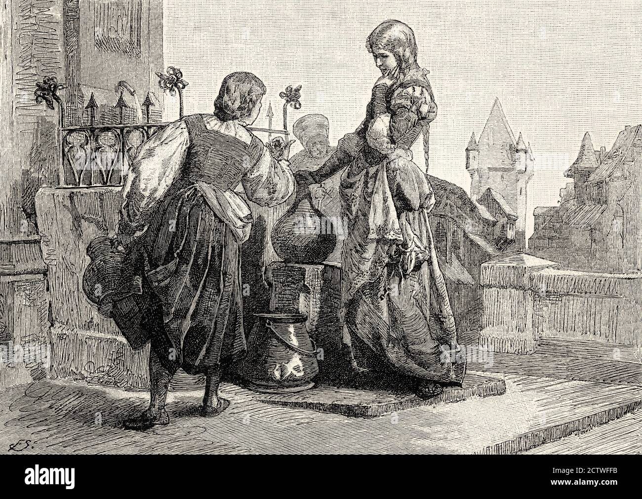 Margaret und Bessy am Brunnen, erster Teil des tragischen Stücks Faust von Johann Wolfgang von Goethe Stockfoto