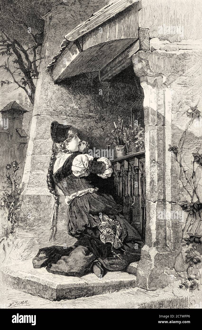 Gretchen ruft die Schmerzensmutter zu Hilfe, erster Teil des tragischen Stücks Faust von Johann Wolfgang von Goethe Stockfoto