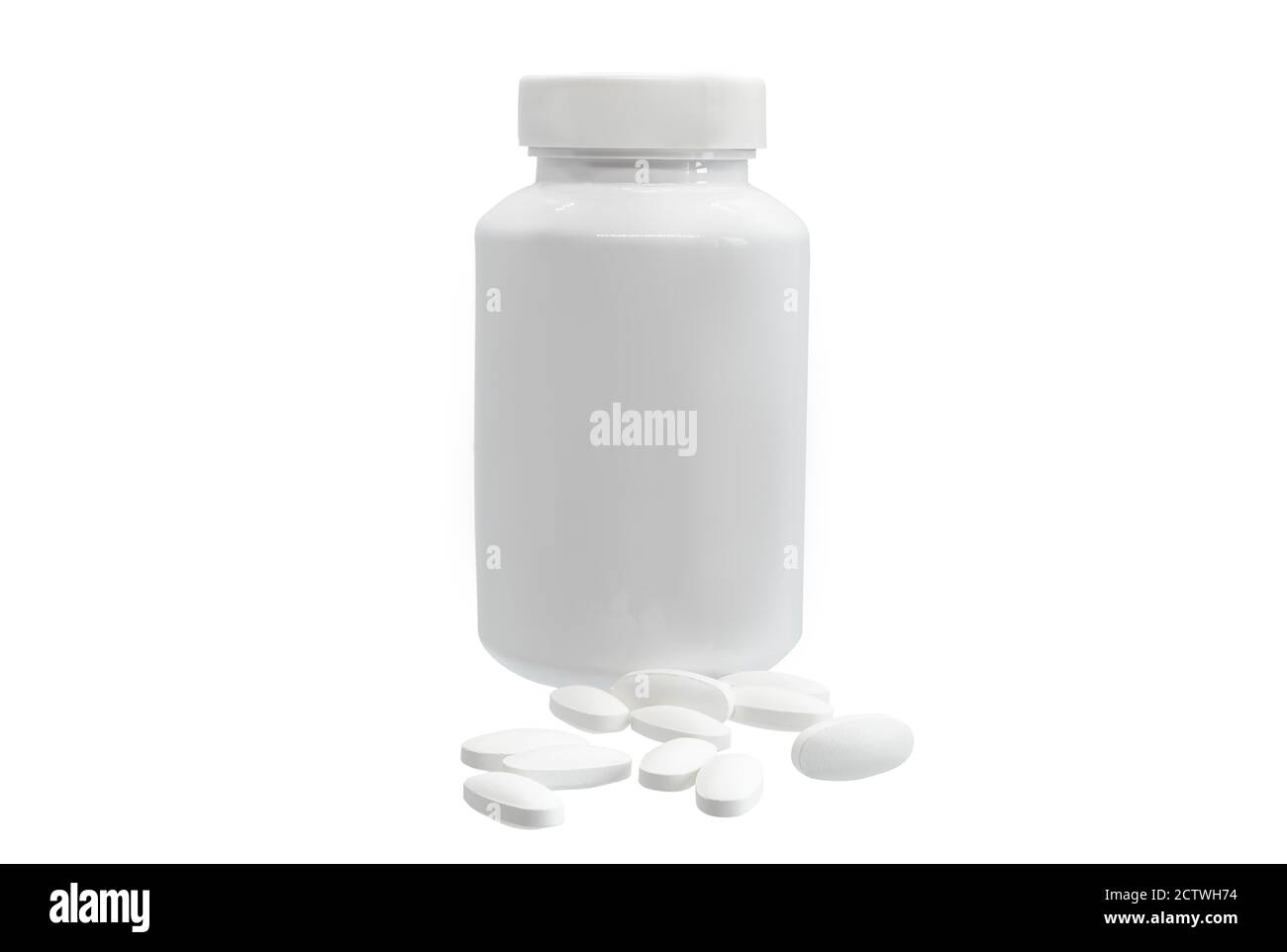 Fotografie von weißen Plastikflasche mit Pillen. Medizin weiße Tabletten Flasche isoliert ohne Schatten auf weißem Hintergrund Stockfoto