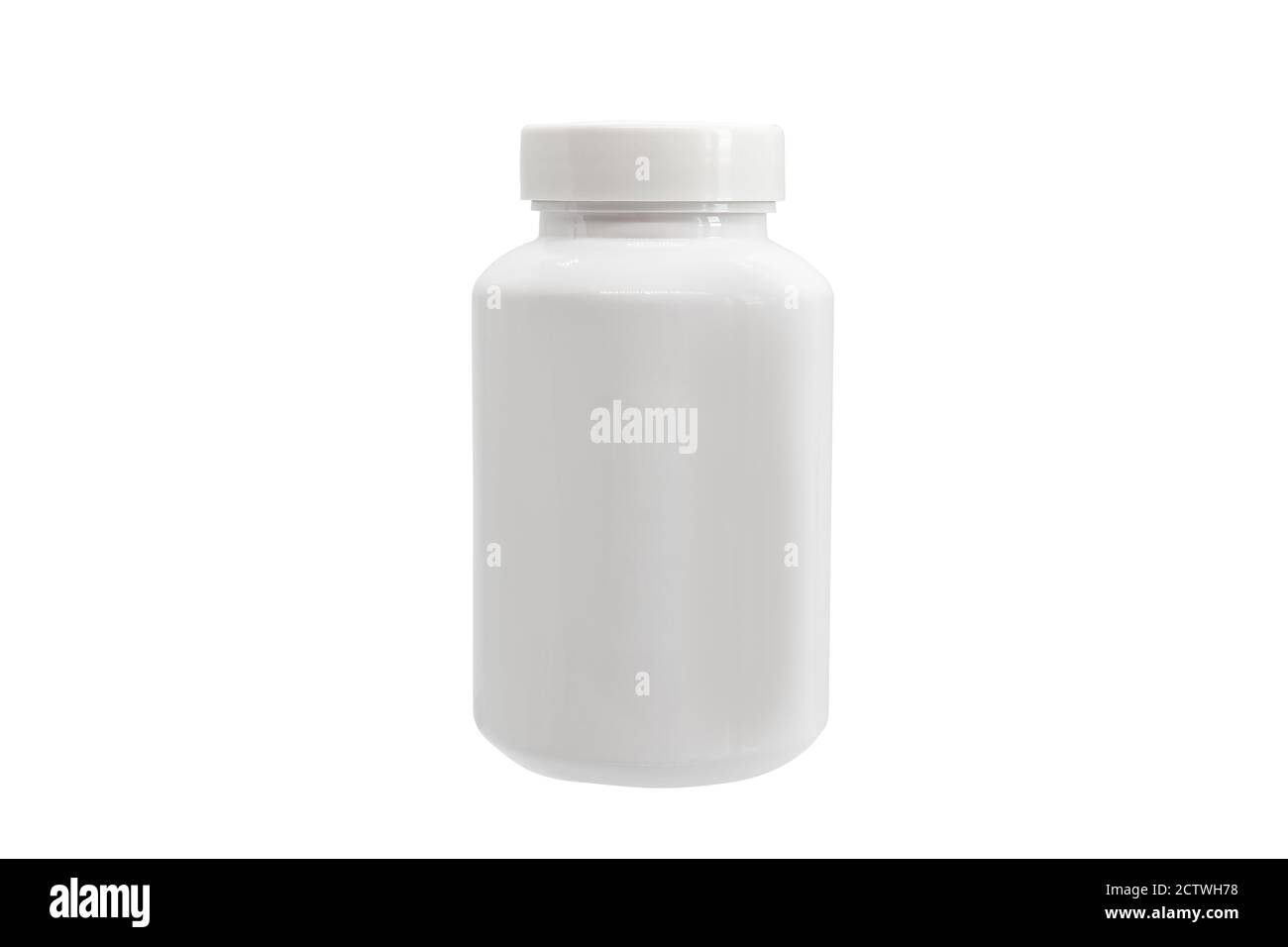 Fotografie der weißen Plastikflasche. Medizin weiße Pille Flasche isoliert ohne Schatten auf weißem Hintergrund Stockfoto