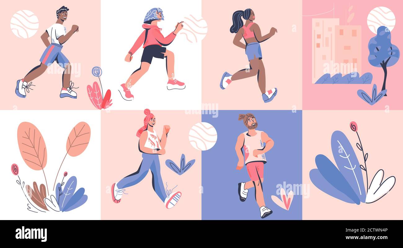 Marathon oder Sprint Läufer Menschen Comic-Figuren. Gesunder Lebensstil, Vektor. Stock Vektor