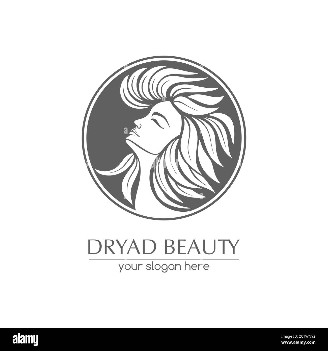 Dryade. Weibliches Gesicht Logo im Profil mit Blatthaar. Emblem für einen Beauty- oder Yoga-Salon. Stil der Harmonie und Schönheit. Stock Vektor