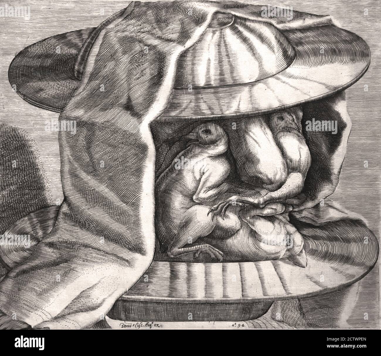Ein grotesker Kopf mit Helm im Stil von Arcimboldo, von Dominicus Custos, 1594 Niederlande, Niederländisch, ( das Gesicht besteht aus gebratenem Geflügel zwischen zwei Metallschalen. Zwei Hühnerköpfe dienen als Augen, während ein ausgestrecktes Bein einen Schnurrbart suggeriert. Die Komposition erinnert stark an Gemälde von Giuseppe Arcimboldo (c. 1526-1593) ) Stockfoto