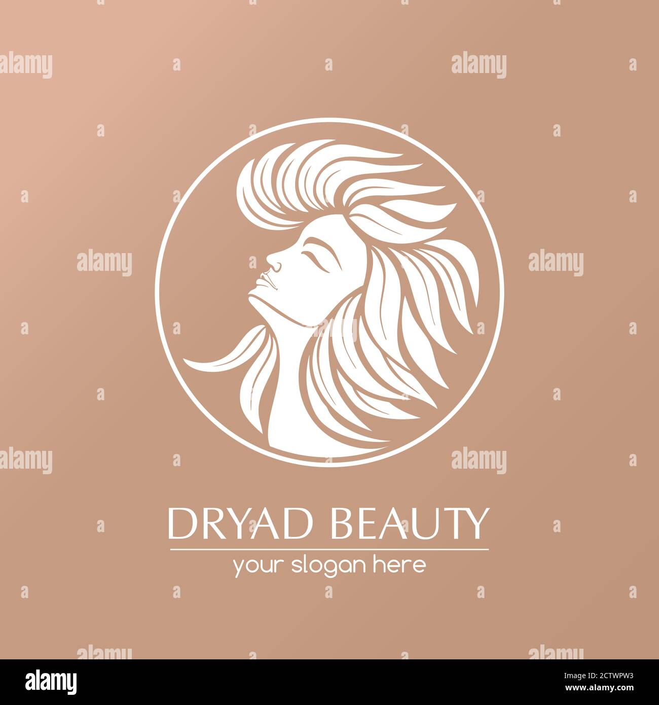 Dryade. Weibliches Gesicht Logo im Profil mit Blatthaar. Emblem für einen Beauty- oder Yoga-Salon. Stil der Harmonie und Schönheit. Stock Vektor