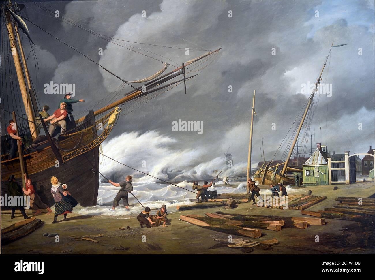 Schiffe bei stürmischem Wetter im Außenhafen in Harlingen 1811 Nicolaas Baur (1767-1820), Friesland, die, Niederlande, Niederländisch, Stockfoto