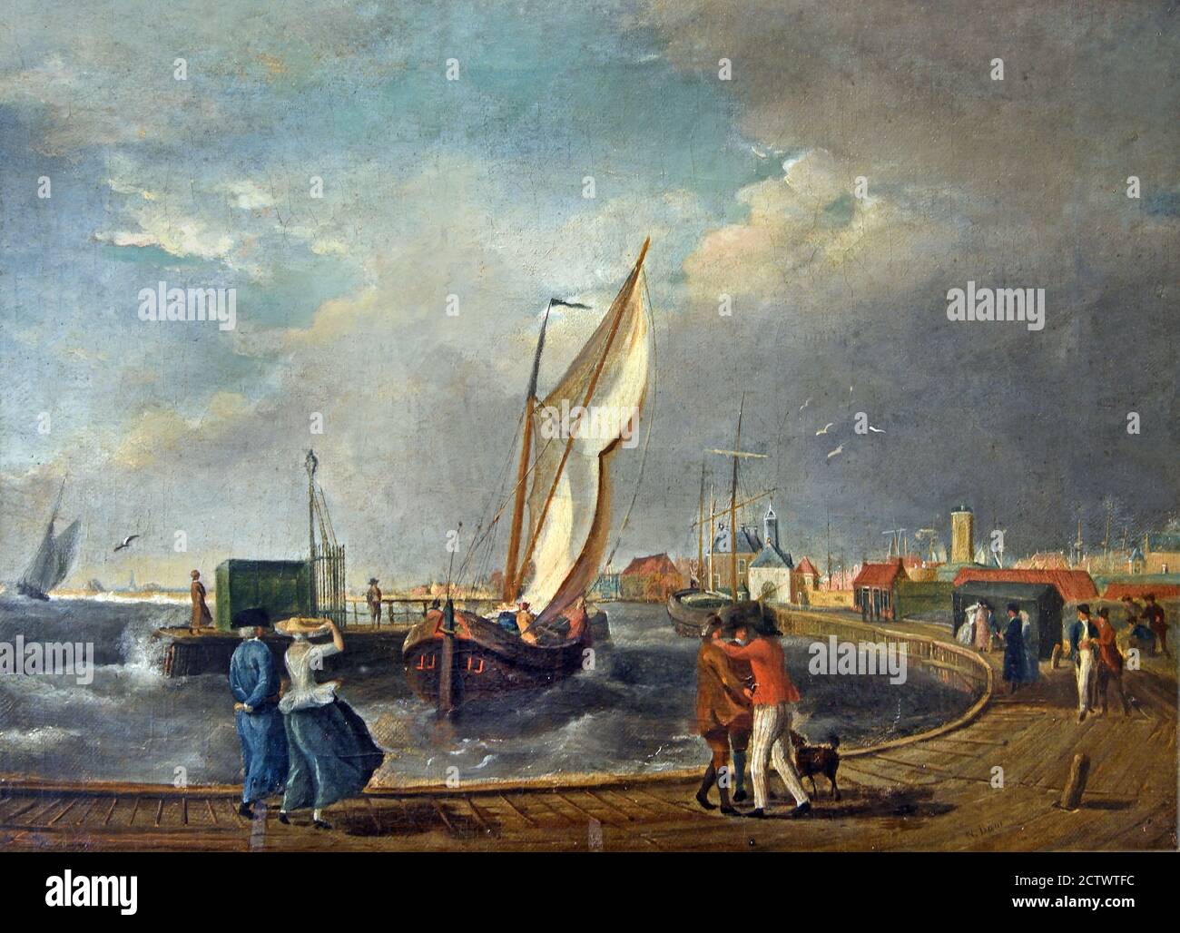 Außenhafen, Hafen, Hafen mit dem Havenpoort vom Zuiderhoofd aus gesehen 1790 Nicolaas Baur (1767-1820) Friesland The, Niederlande, Niederländisch, (Blick auf den Hafen mit Havenpoort in Harlingen,) Stockfoto