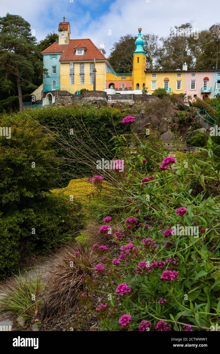 Ein Blick auf wunderschöne Wildblumen mit dem Chantry und Onion Dome im Hintergrund, im Dorf Portmeirion in Nordwales, Großbritannien. Stockfoto