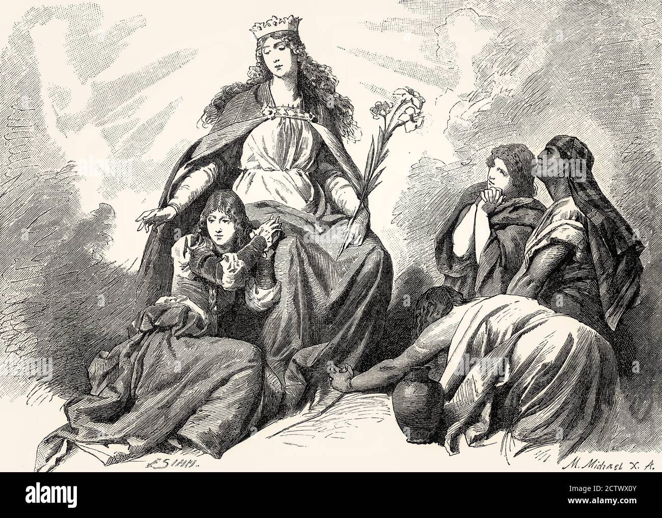 Die Jungfrau Maria, Gretchen und drei biblische heilige Frauen flehen für Faust's Seele, Akt V, Faust II, Johann Wolfgang von Goethe Stockfoto