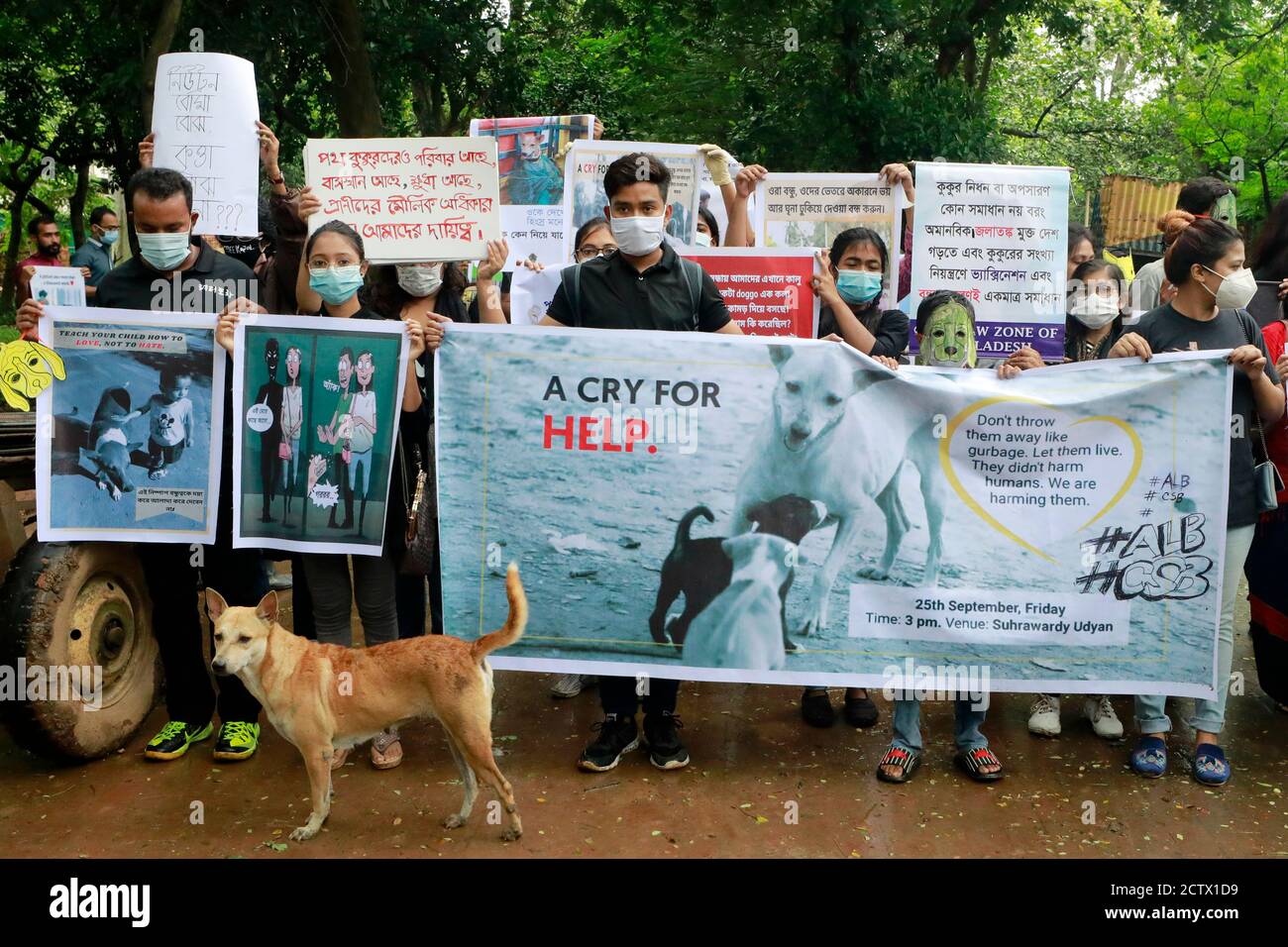 Dhaka, Bangladesch - 25. September 2020: Bangladeschische Tierliebhaber versammelten sich, um gegen den Umzug der Dhaka South City Corporation (DSCC) zu protestieren Stockfoto