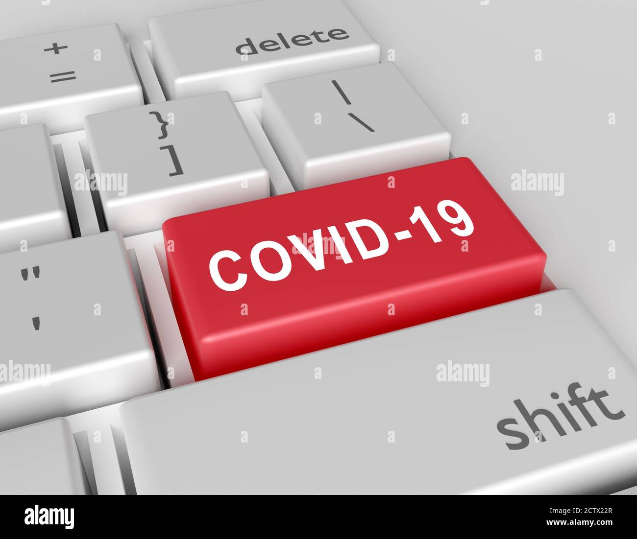 Word COVID-19 auf einer Computertastatur geschrieben. Konzeptbild auf einem Computerschlüssel eingeben. 3D-Rendering Stockfoto