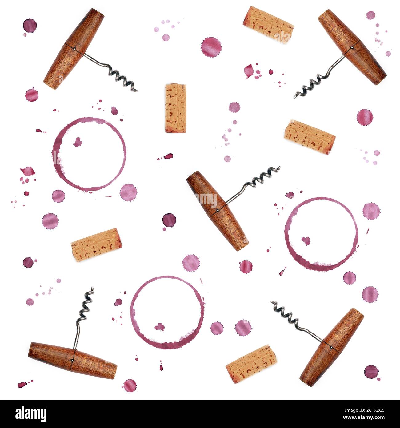 Muster von Rotweinring Flecken, Tropfen, Korken und Flaschenöffner isoliert auf weißem Hintergrund Stockfoto
