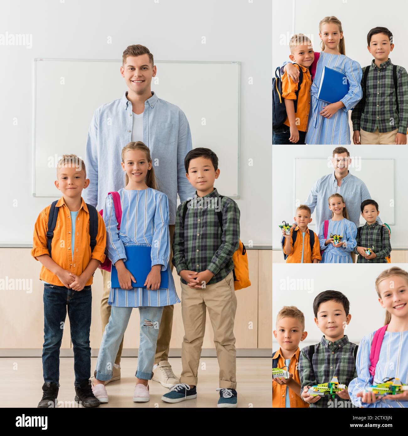 Collage von Lehrern und multiethnischen Schülern mit Robotern beim Betragen Kamera in der MINT-Schule Stockfoto