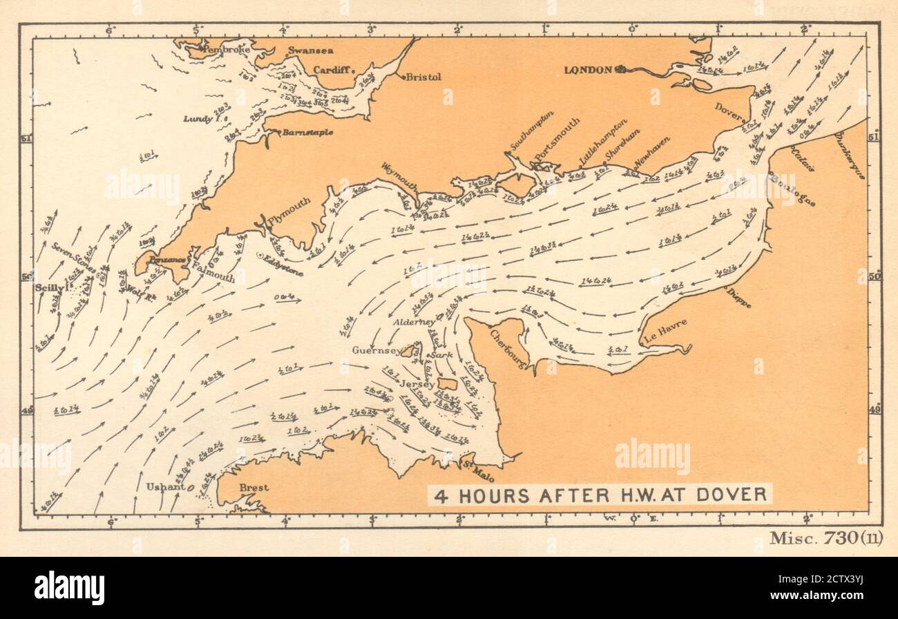 English Channel Strömungen 4 Stunden nach Hochwasser in Dover. ADMIRALTY 1943 Karte Stockfoto