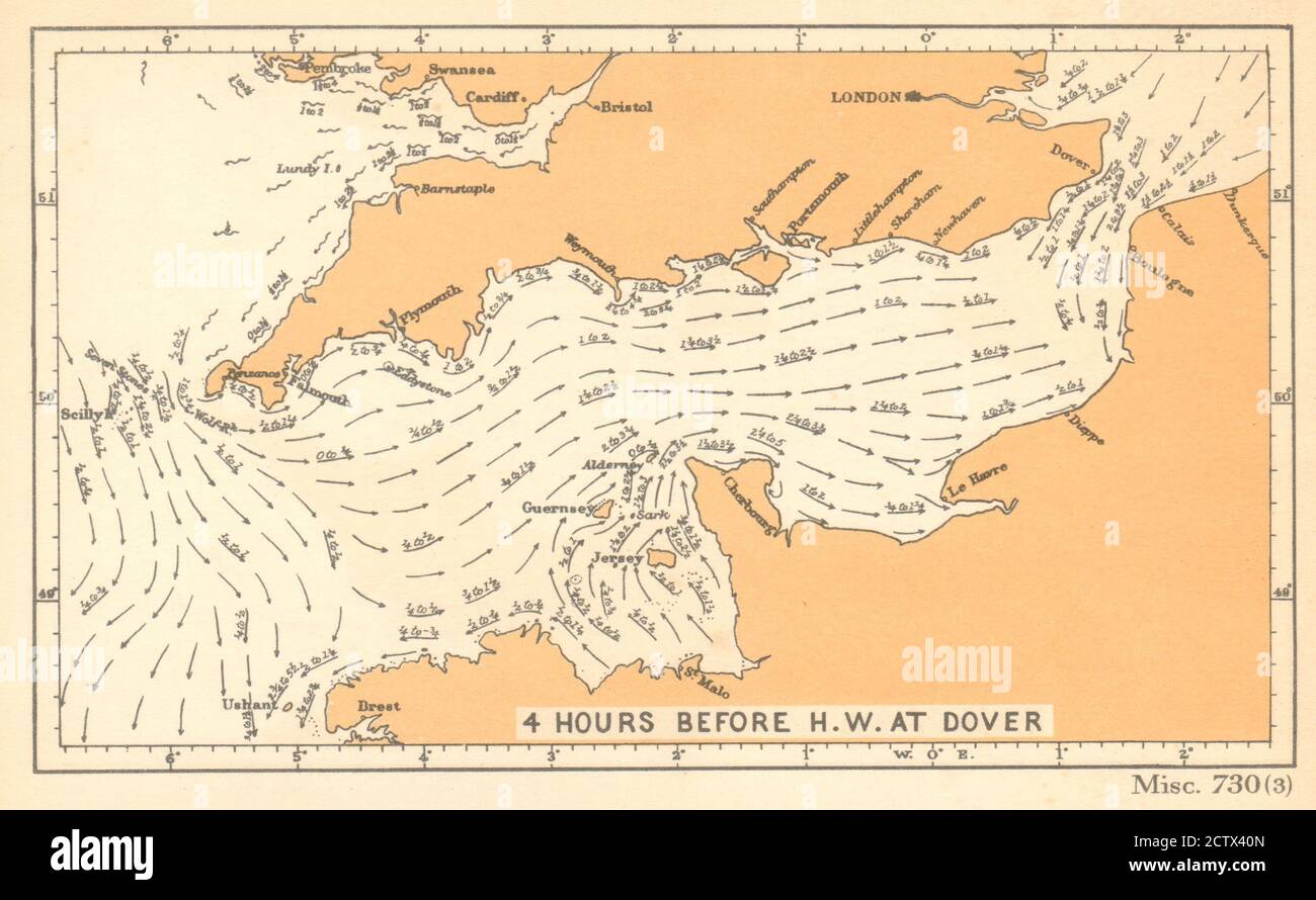 English Channel Strömungen 4 Stunden vor Hochwasser bei Dover. ADMIRALTY 1943 Karte Stockfoto