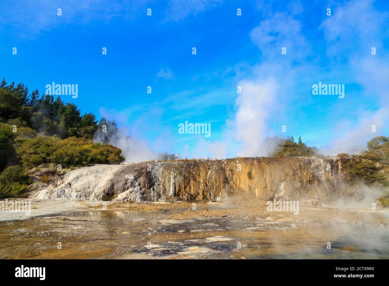 Die Terrasse 'Golden Fleece' im Orakei Korako Geothermiegebiet, Neuseeland. Dampf steigt aus kochenden heißen Quellen auf Stockfoto