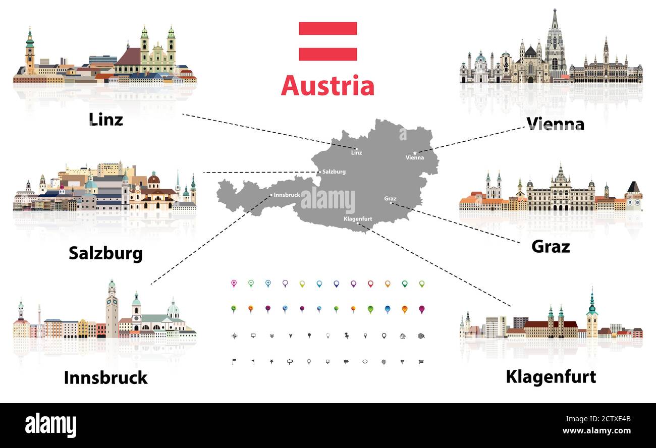 Österreich-Karte mit den großen österreichischen Städten Skylines' flachen Stil bunten Ikonen. Navigations- und Positionssymbole eingestellt. Vektorgrafik Stock Vektor