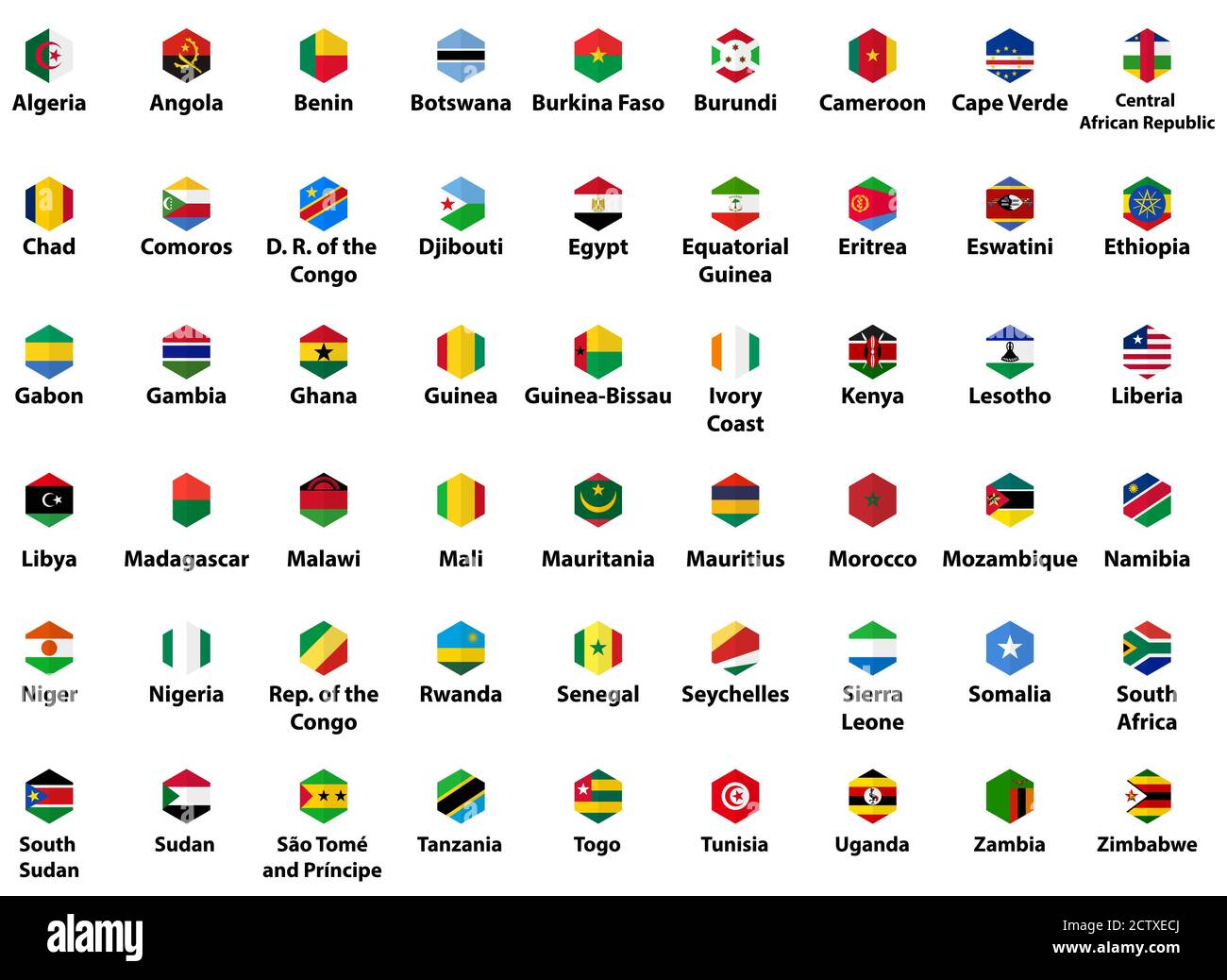 Afrika alle Länder Flaggen. Innensechskant isolierte flache Stil Design-Icons Set Stock Vektor