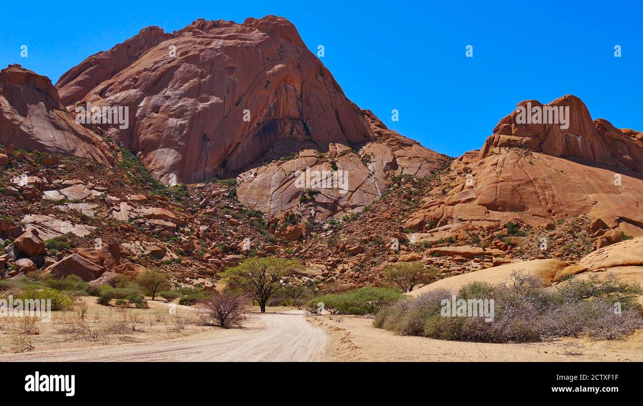 Vorderansicht der roten Spitzkoppe, Kalahari Wüste, Namibia, Afrika mit Schotterstraße und Vegeation in heißer Mittagssonne. Stockfoto