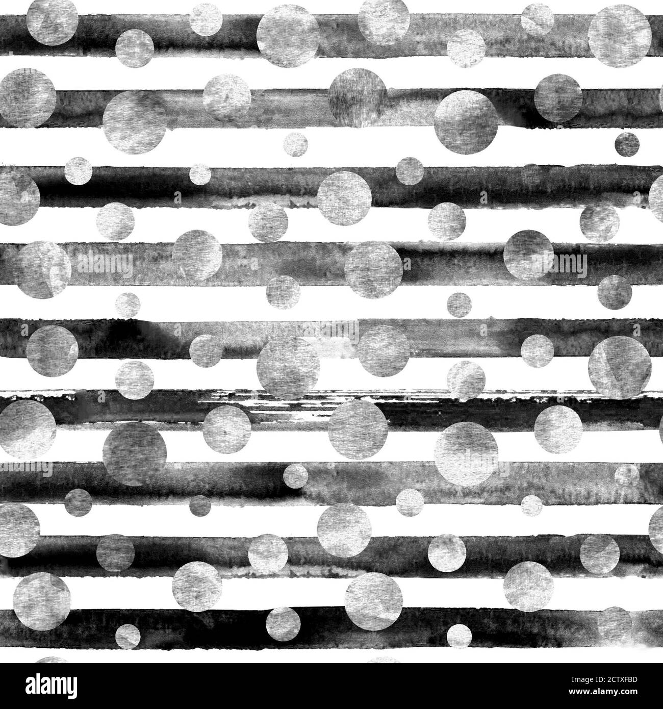 Abstrakte geometrische schwarz weiß grau Konfetti Kreise und Streifen nahtlose Muster mit Grunge-Effekt. Hand gezeichnet Aquarell Mode gestreifte Textur BA Stockfoto