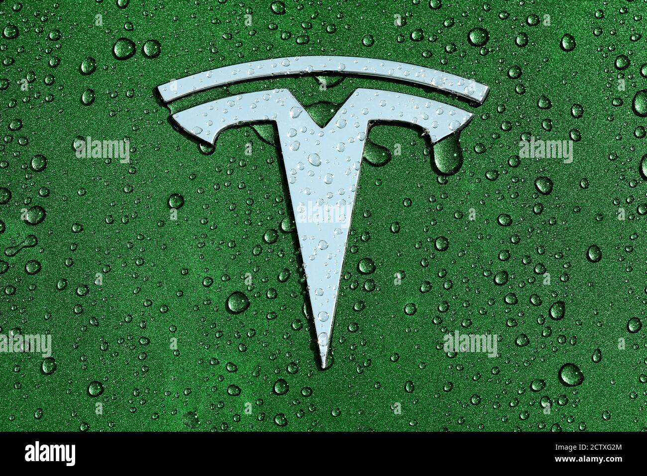 Tesla T Emblem Logo Aufkleber oder Emblem auf der Haube / Motorhaube eines Modells 3 in grün, mit Regen, Regentropfen oder Tau. Stockfoto