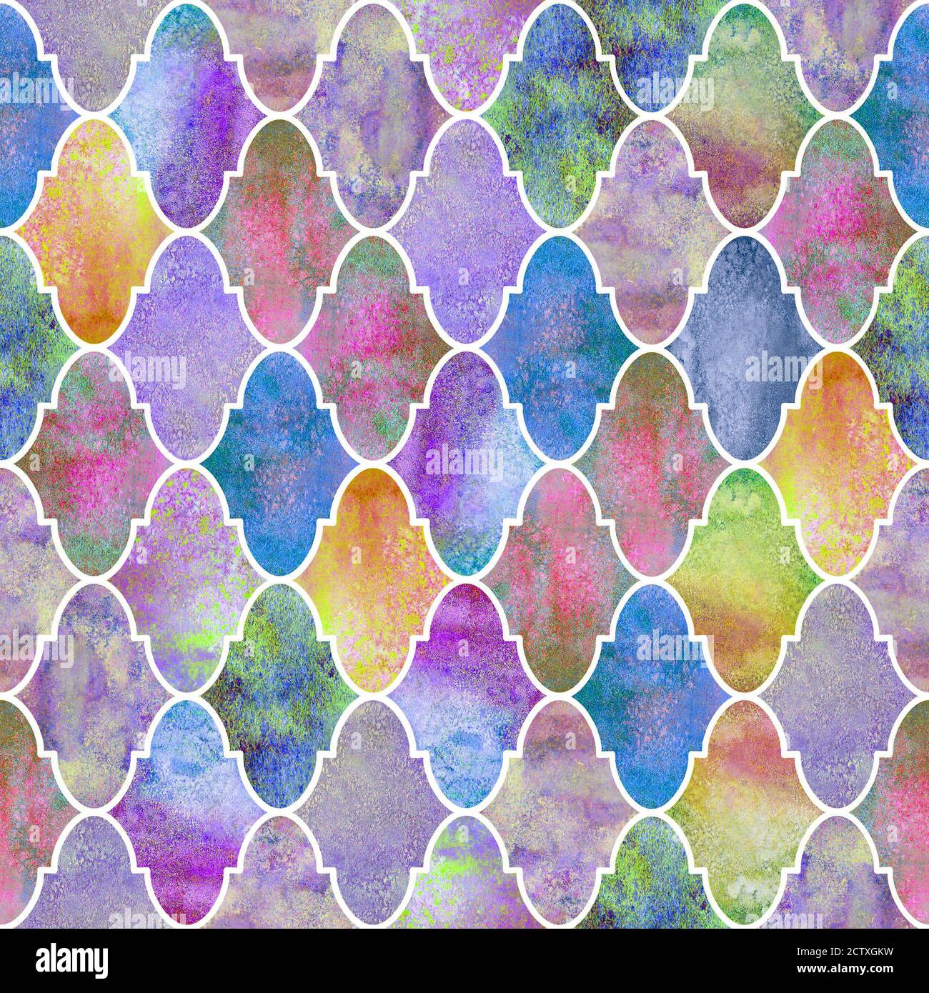 Vintage dekorative marokkanische Nahtloses Muster. Aquarell handgezeichnetes farbenfrohes Buntglasfenster-Design. Aquarell geometrische orientalische Elemente. P Stockfoto